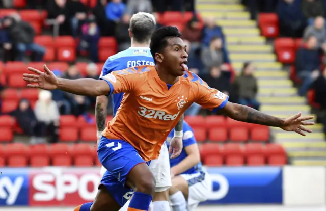 Alfredo Morelos wheels away after scoring Rangers' winner against St Johnstone last December