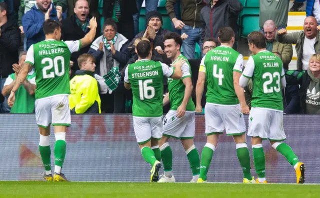 Hibs celebrate Stevie Mallan's cracker