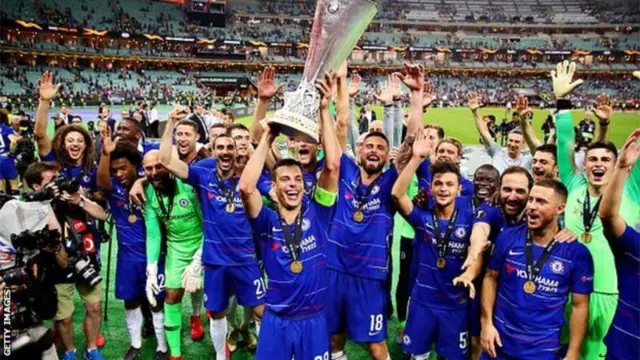 Chelsea celebrate beating Arsenal in the Europa Cup Final