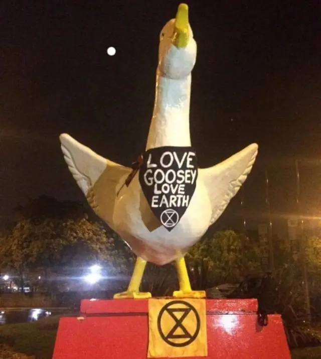 Goose wearing a banner