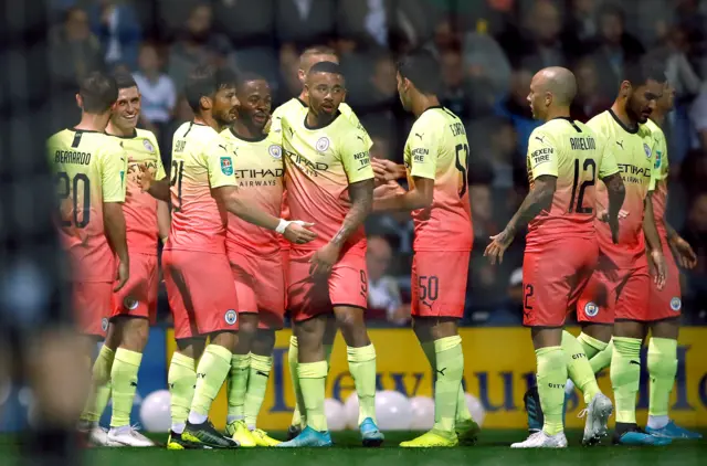 Gabriel Jesus celebrates with team-mates before his effort is ruled out