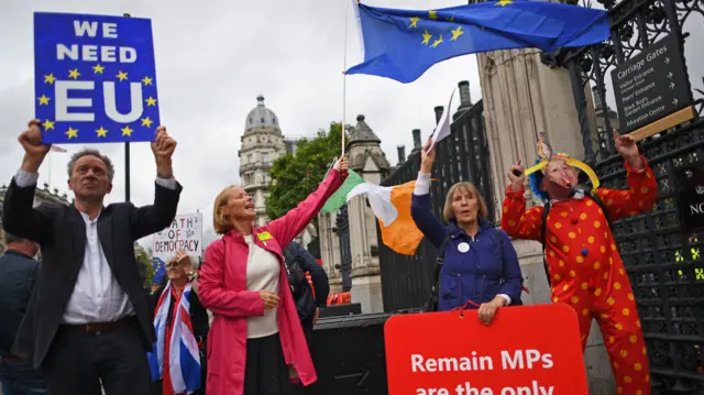 Protesters outside the Houses of Parliament in Westminster, London.