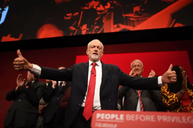 Labour leader Jeremy Corbyn is joined by the shadow cabinet after speaking at the party"s Annual Conference at the Brighton Centre in Brighton