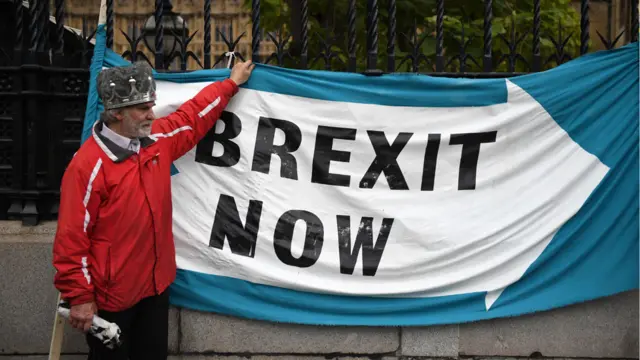 A protester stands next to a Brexit Now banner outside of Parliament