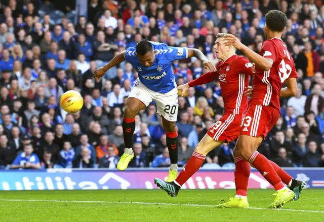 Alfredo Morelos heads in Rangers' third goal