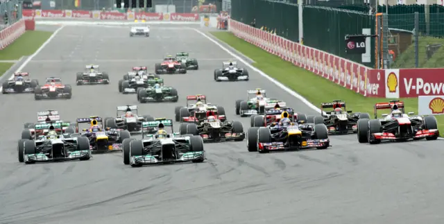 Lewis Hamilton leads the field at the start of the 2013 Belgian Grand Prix