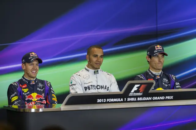 Lewis Hamilton on pole ahead of Red Bull's Sebastian Vettel and Marc Webber at the Belgium Grand Prix in 2013