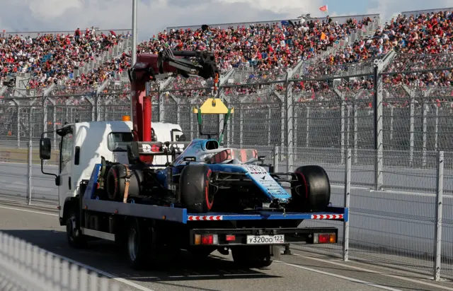 George Russell's car towed back to the pits