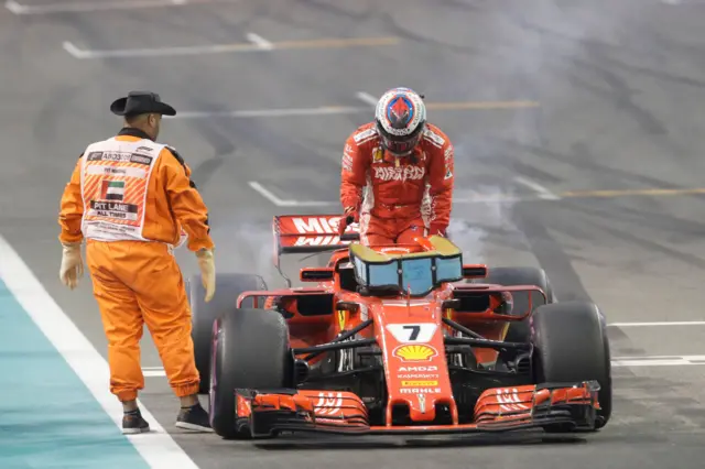 Kimi Raikkonen steps out of his Ferrari during the Abu Dhabi Grand Prix in 2018