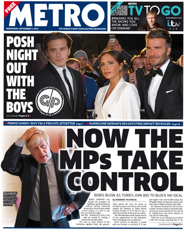 Front page of the Metro