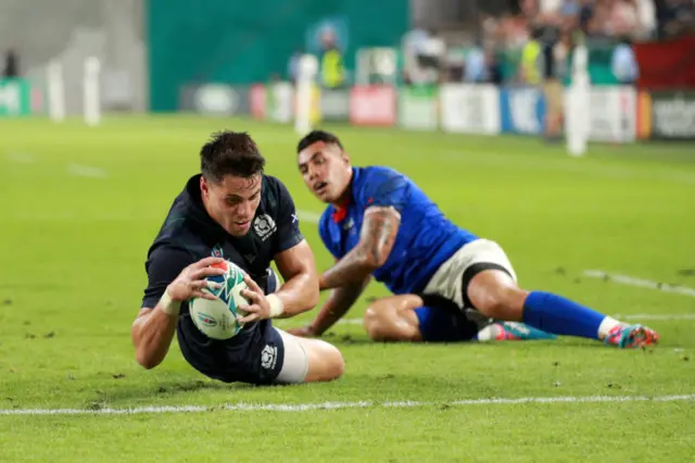 Sean Maitland gathered Finn Russell's cross-field kick for Scotland's first try