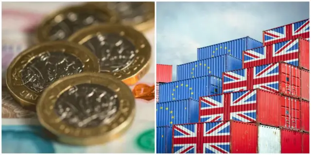 Coins and shipping containers with flags