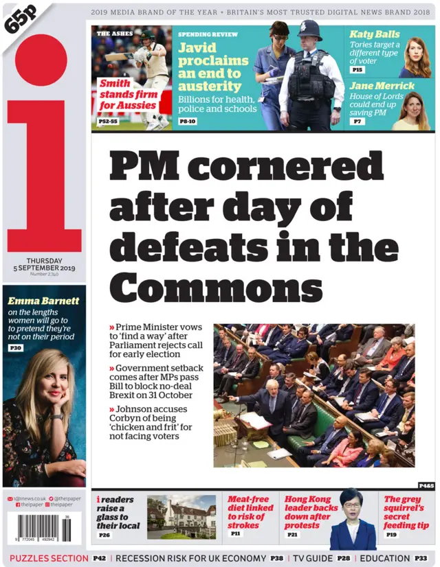 The front page of the i newspaper