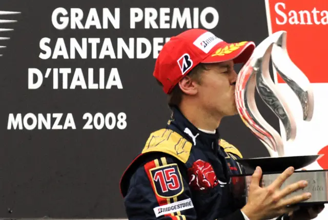 Sebastian Vettel celebrates winning his first grand prix at Monza in 2008.