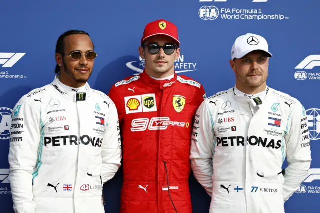 Lewis Hamilton, Charles Leclerc and Valtteri Bottas