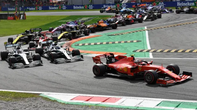 Charles Leclerc leads Lewis Hamilton and Valtteri Bottas