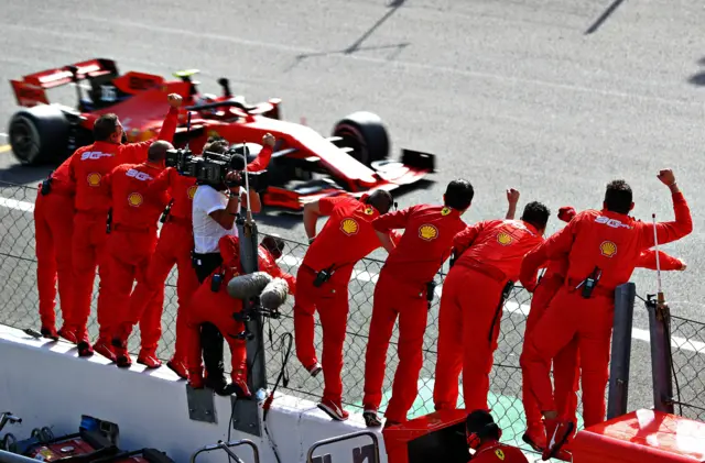 Ferrari pit lane cheer on Charles Leclerc