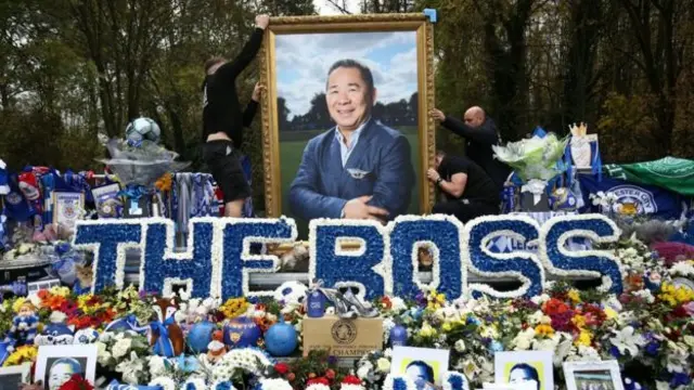 Flowers and photo of Vichai Srivaddhanaprabha
