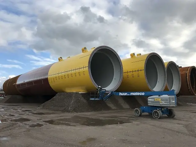 First monopile foundations awaiting transport