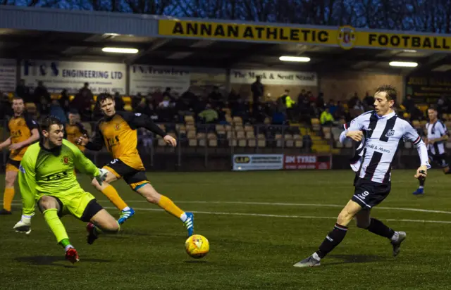 Elgin's Kane Hester scores against Annan