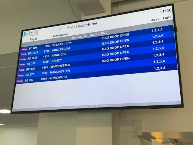 Departures board at Exeter airport