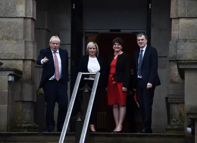 Boris Johnson, Michelle O'Neill, Arlene Foster and Julian Smith