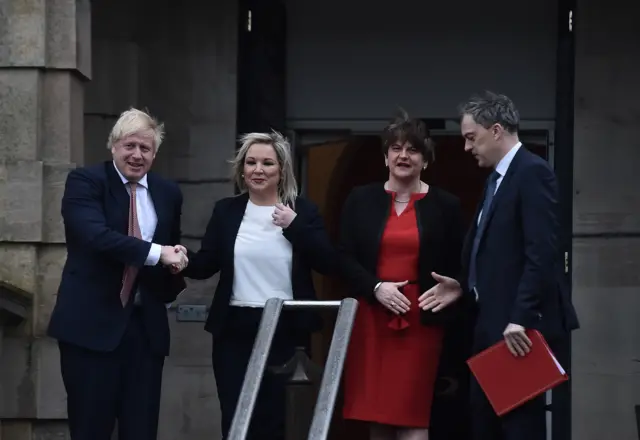 Boris Johnson, Michelle O'Neill, Arlene Foster and Julian Smith