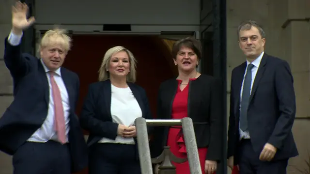 Boris Johnson, Sinn Féin's deputy leader Michelle O'Neill, DUP leader Arlene Foster and Secretary of State Julian Smith