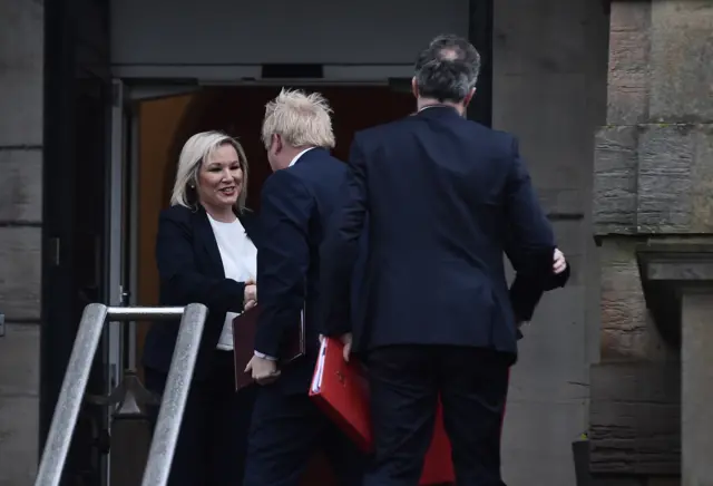 Boris Johnson, Michelle O'Neill and Julian Smith