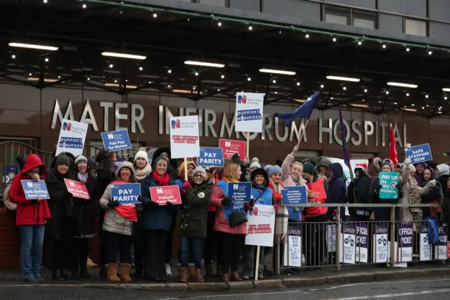 Health workers on strike outside the Mater Hospital in Belfast