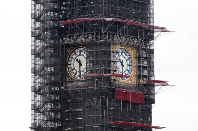 Big Ben"s new East and North dials are pictured in London, Britain in this undated handout photo.