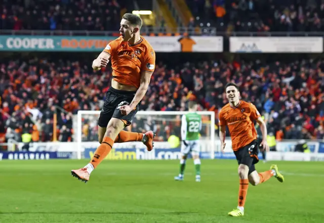 Louis Appere celebrates his equaliser for Dundee United