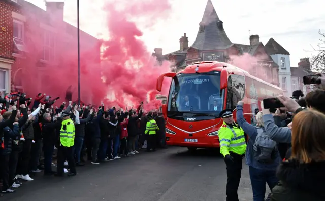 Liverpool bus arrives at Anfield