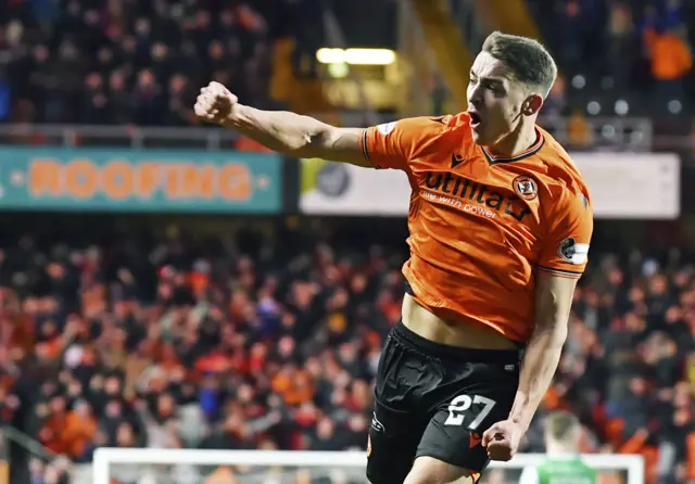 Louis Appere celebrates his goal for Dundee United