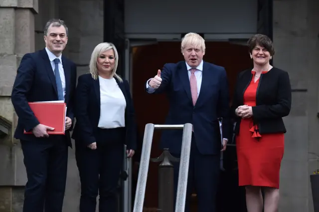 Julian Smith, Michelle O'Neill, Boris Johnson and Arlene Foster