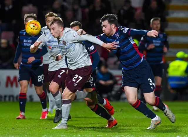 Hearts’ Lewis Moore holds off Ross County’s Sean Kelly