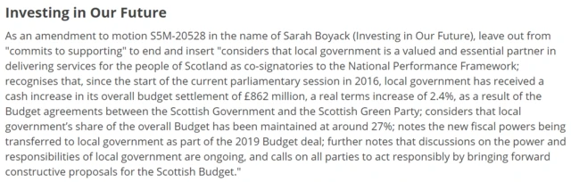 Government amendment: As an amendment to motion S5M-20528 in the name of Sarah Boyack (Investing in Our Future), leave out from "commits to supporting" to end and insert "considers that local government is a valued and essential partner in delivering services for the people of Scotland as co-signatories to the National Performance Framework; recognises that, since the start of the current parliamentary session in 2016, local government has received a cash increase in its overall budget settlement of £862 million, a real terms increase of 2.4%, as a result of the Budget agreements between the Scottish Government and the Scottish Green Party; considers that local government’s share of the overall Budget has been maintained at around 27%; notes the new fiscal powers being transferred to local government as part of the 2019 Budget deal; further notes that discussions on the power and responsibilities of local government are ongoing, and calls on all parties to act responsibly by bringing forward constructive proposals for the Scottish Budget."