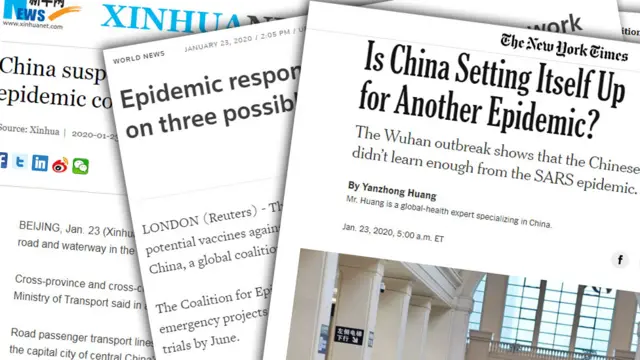 Clippings arrayed in this composite image show China's Xinhua, Reuters, and the New York Times referring to an epidemic