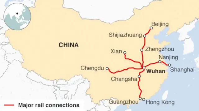 Maps show the rail transport connections of Wuhan