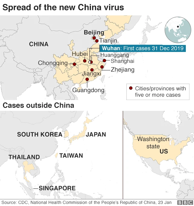 A map showing the countries where the virus has been reported, and a close-up focus on which Chinese provinces