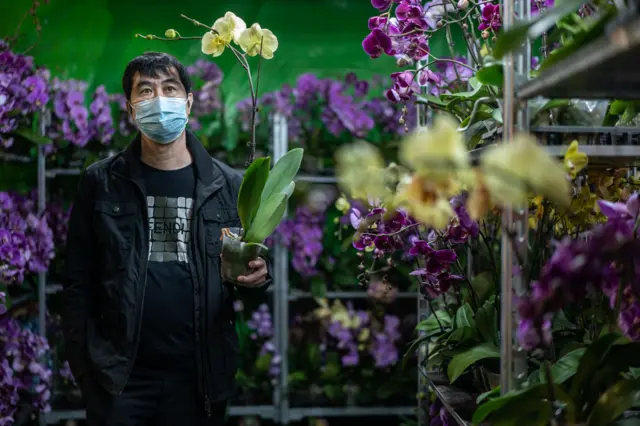 A man holds a tall and elegant flower amid a shop, while wearing a surgical mask