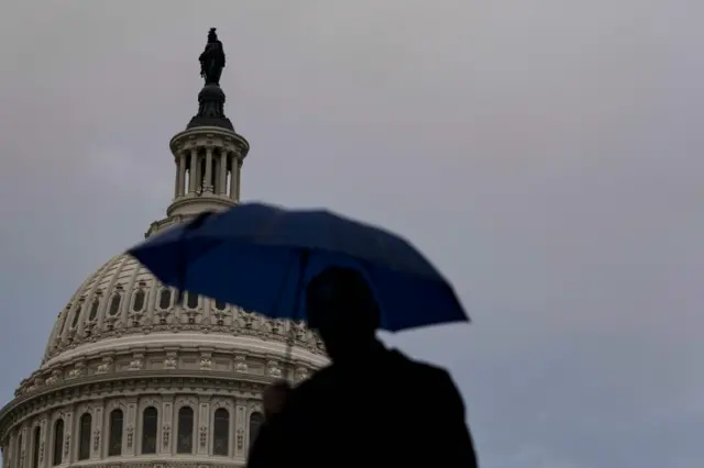 An unknown man with umbrella outside the US capitol building