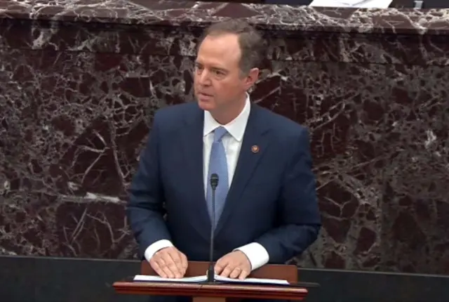 In this screengrab taken from a Senate Television webcast, Rep. Adam Schiff (D-CA) speaks during impeachment proceedings against U.S. President Donald Trump in the Senate at the U.S. Capitol