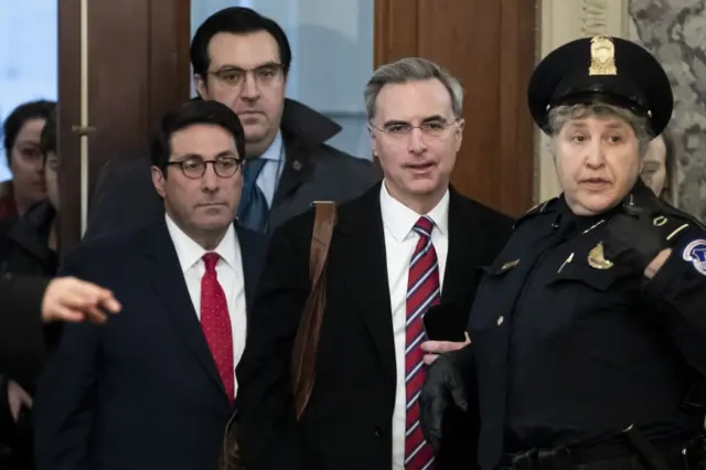 Attorneys in the defense team for US President Donald J. Trump, Jay Sekulow (L), Jordan Sekulow (back L) and White House Counsel Pat Cipollone