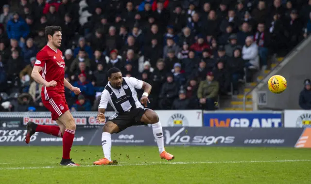 St Mirren striker Jonathan Obika sees his effort come back off the post