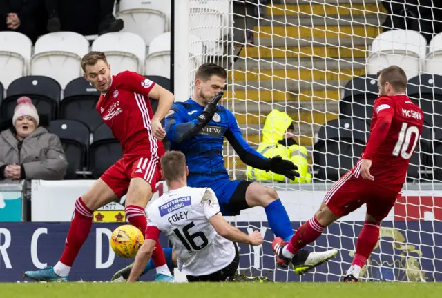 St Mirren’s Sam Foley defends an Aberdeen chance