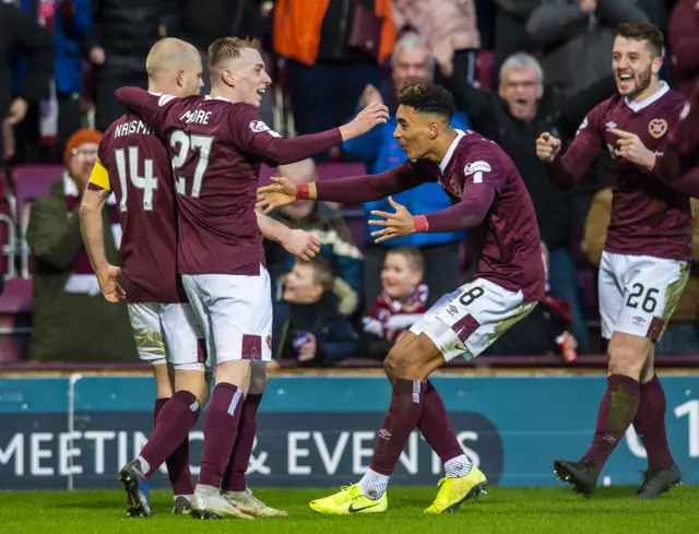 Hearts celebrate Steven Naismith's equaliser