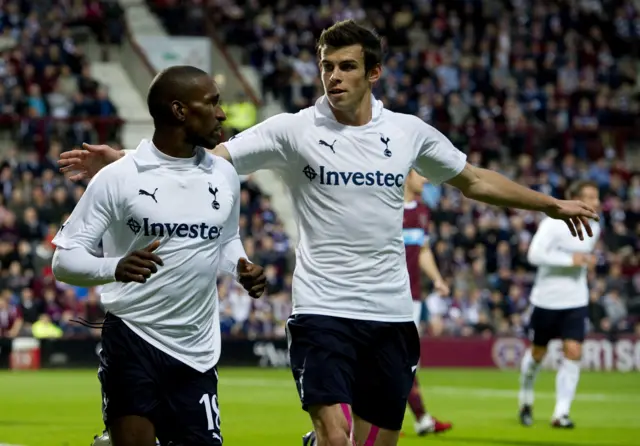 Jermain Defoe and Gareth Bale celebrate at Tynecastle