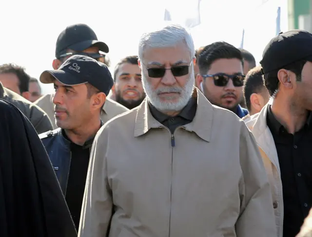 Abu Mahdi al-Muhandis, a commander in the Popular Mobilisation Forces, attends a funeral in Baghdad, Iraq, 31 December, 2019.