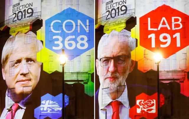 Election results projected onto BBC building